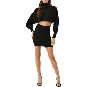 Forever 21 Ribbed Sweater Knit Turtleneck Top & Skirt Set Black Womens Large NWT